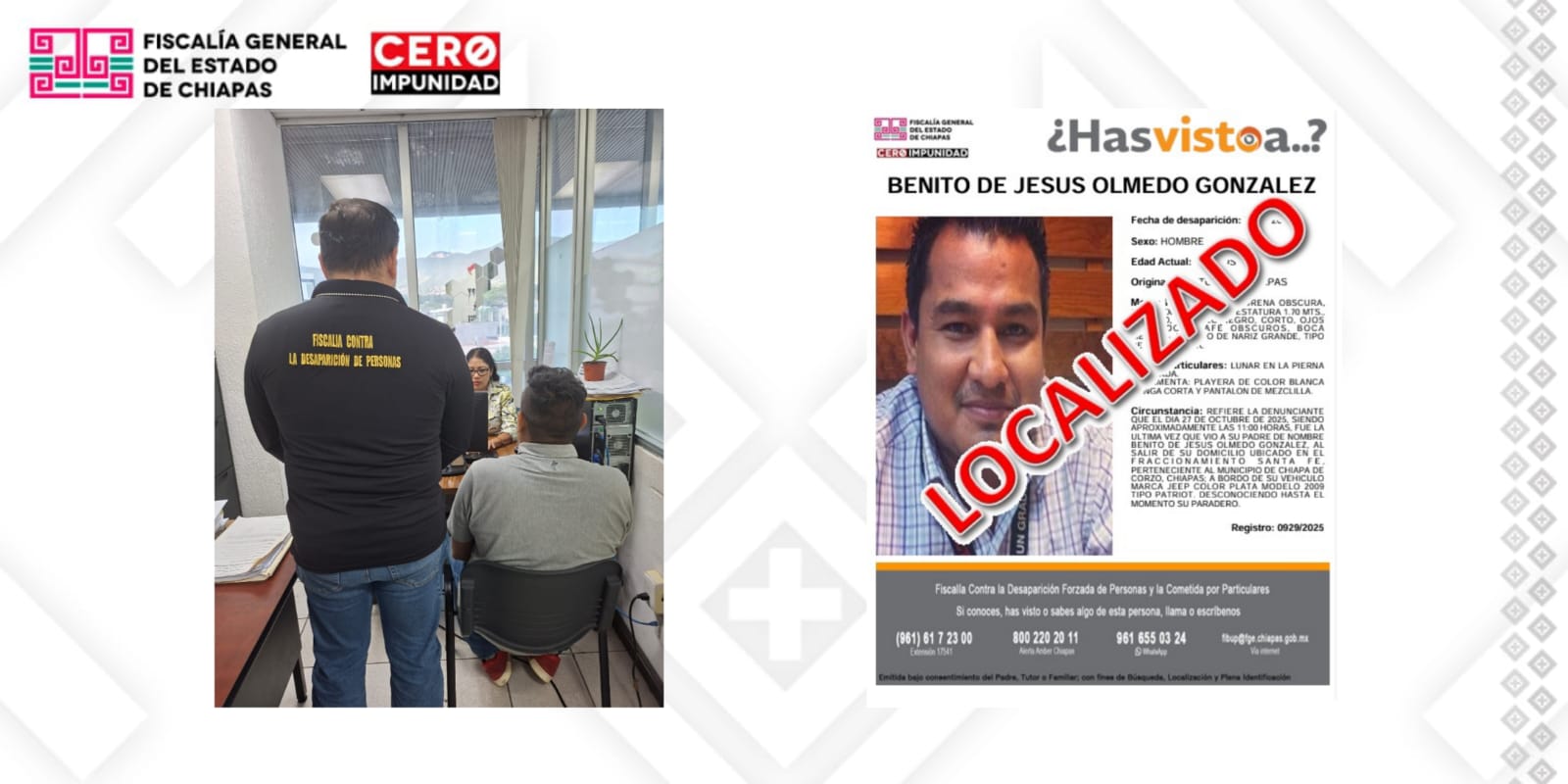 FGE presenta a una persona con reporte de No Localizado en Tuxtla