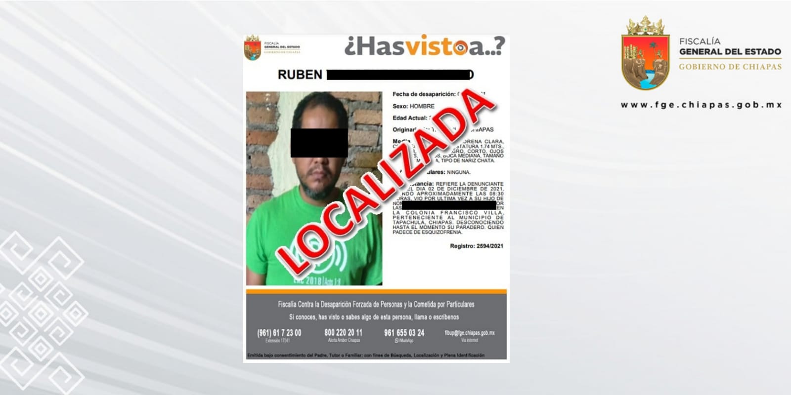 Localiza FGE a una persona del sexo masculino con reporte de extravío en  Tapachula - Fiscalía General del Estado